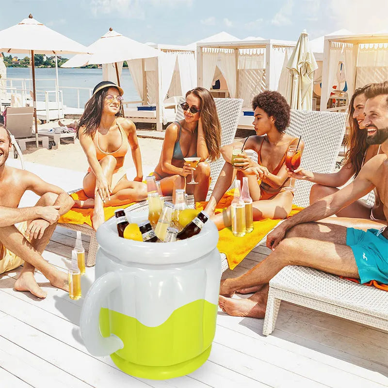 Yellow inflatable PVC ice bucket designed for beer steins, shown deflated and inflated