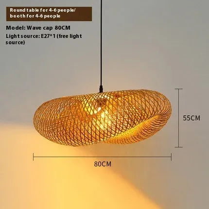 Bamboo straw hat-shaped hanging ceiling lamp in natural woven finish