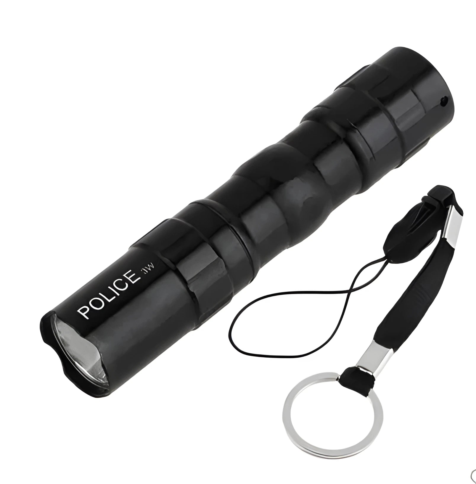 Black aluminium mini LED flashlight on a table showing its 9.5 cm length and 2 cm diameter.