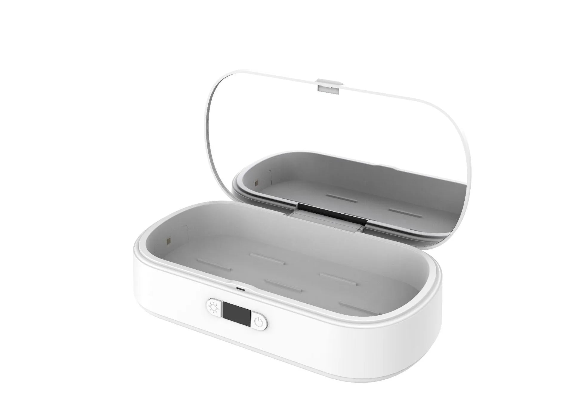 White ABS plastic UV steriliser and wireless charging box for phones and small items.