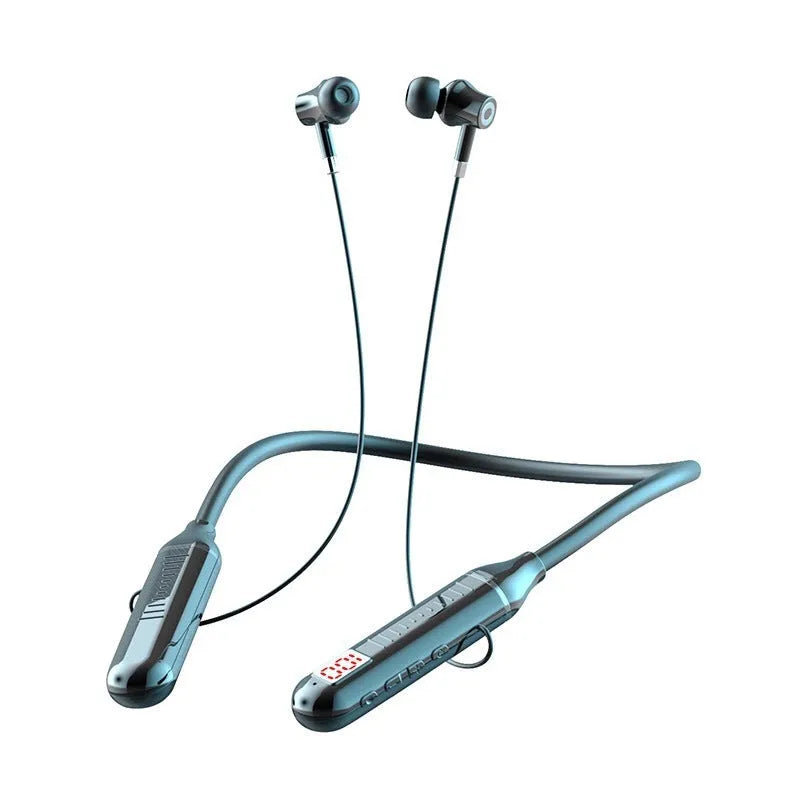 Wireless Bluetooth sports headset with neckband design showing power display and available in black, red, purple, green colours