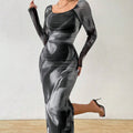 Long gradient print fishtail dress with square collar, shown in one of eight colour options.