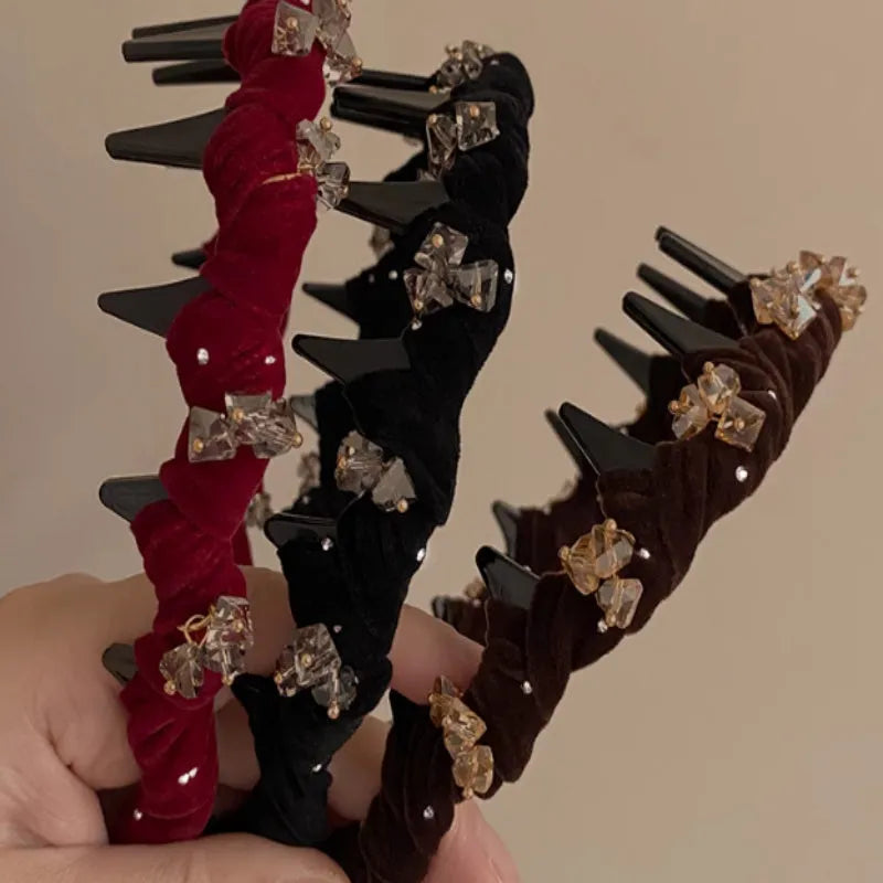 French velvet hairband with crystal decoration in wine red, black, and coffee colour options.