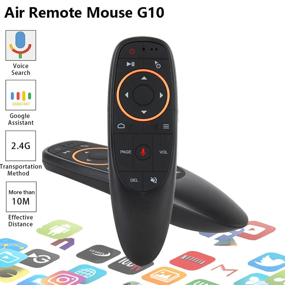 G10 and G10S Pro intelligent wireless voice remote controls on a table, showing silicone buttons and plastic shell.