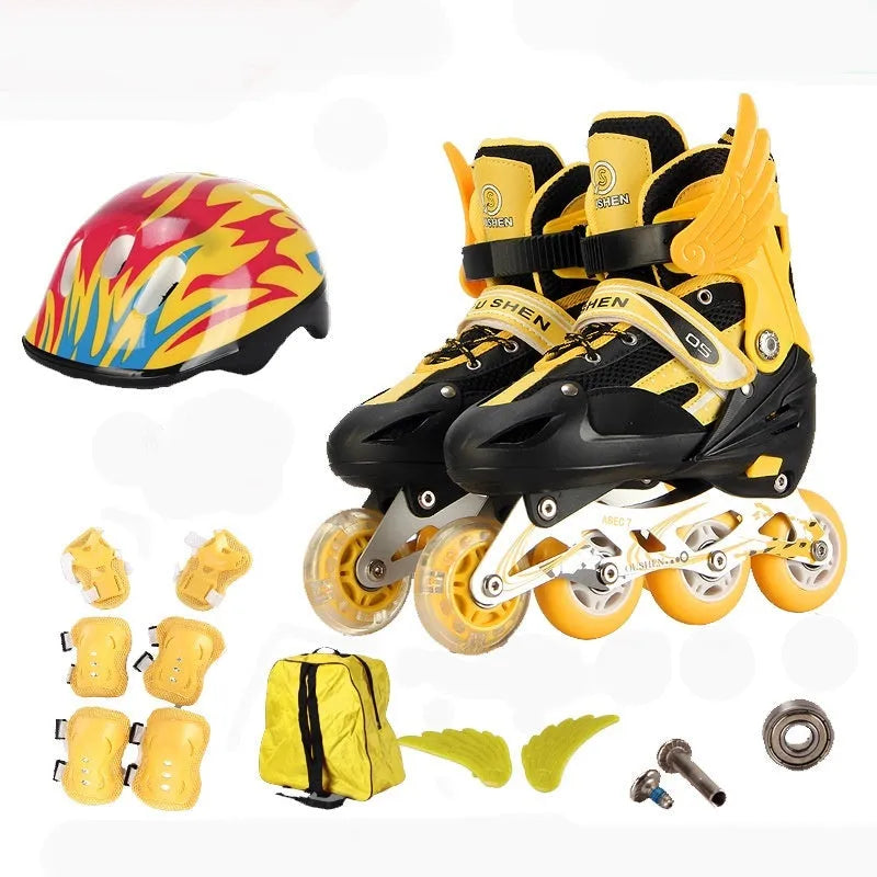 Children's roller skates with PU foam wheels in yellow, red, blue, black or pink, shown with protective helmet and pads.