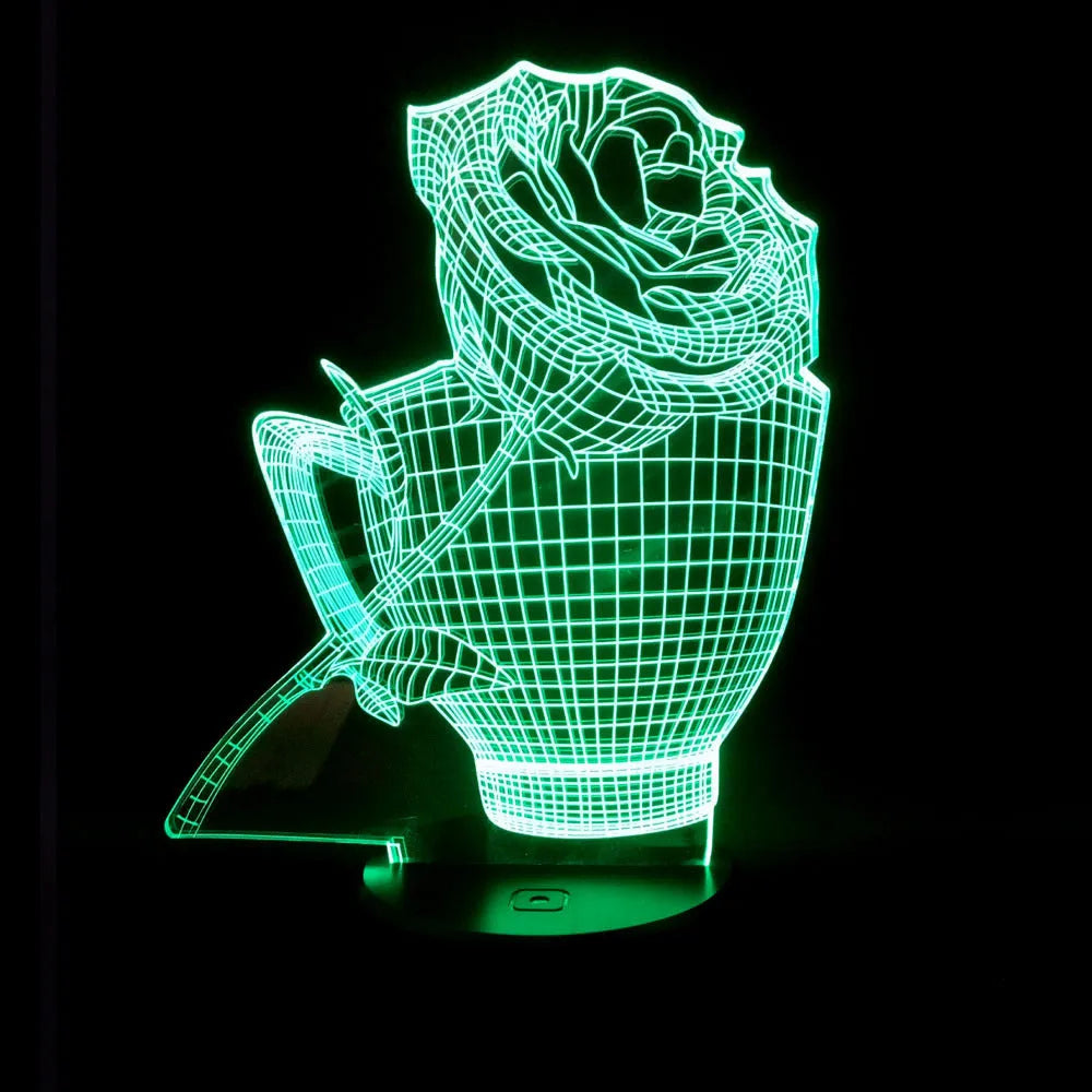 A 3D acrylic rose LED night light with a black base, displaying a purple glow, sitting on a wooden surface.
