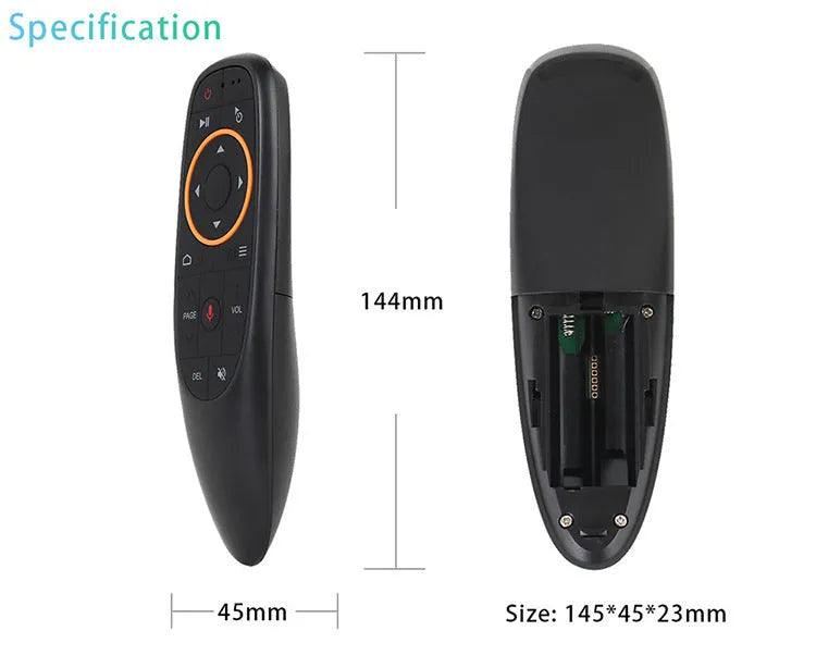 G10 and G10S Pro intelligent wireless voice remote controls on a table, showing silicone buttons and plastic shell.