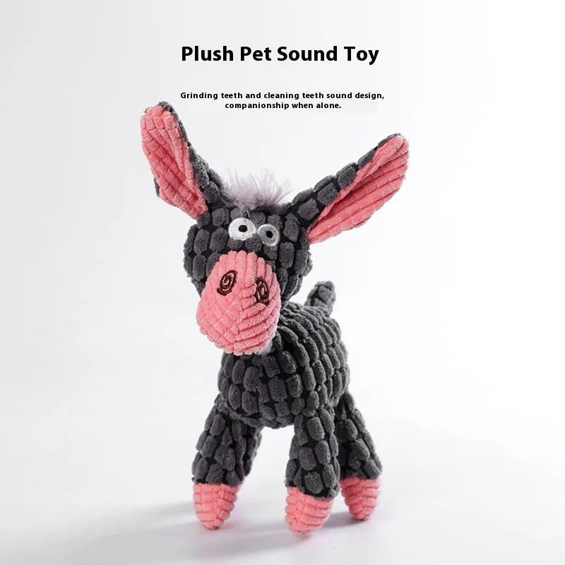Plush puppy toy showing various animal styles including rechargeable duck, blue elephant, and donkey in multiple colours