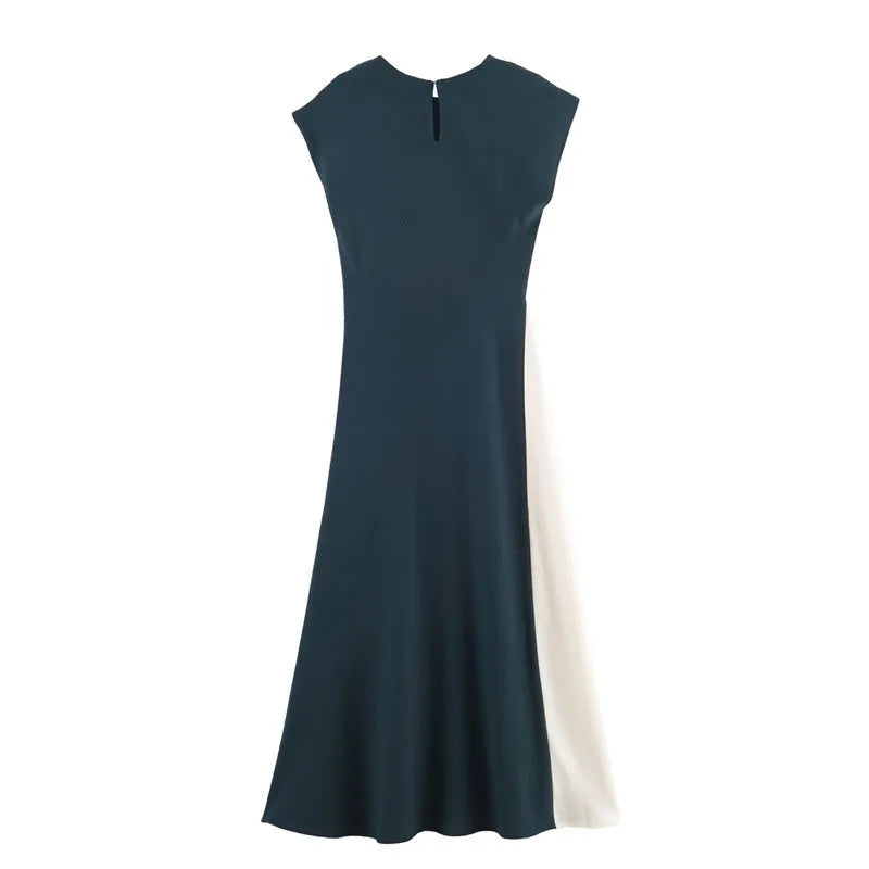Women's simple stitching midi cotton skirt dress with asymmetric hem and plaid pattern