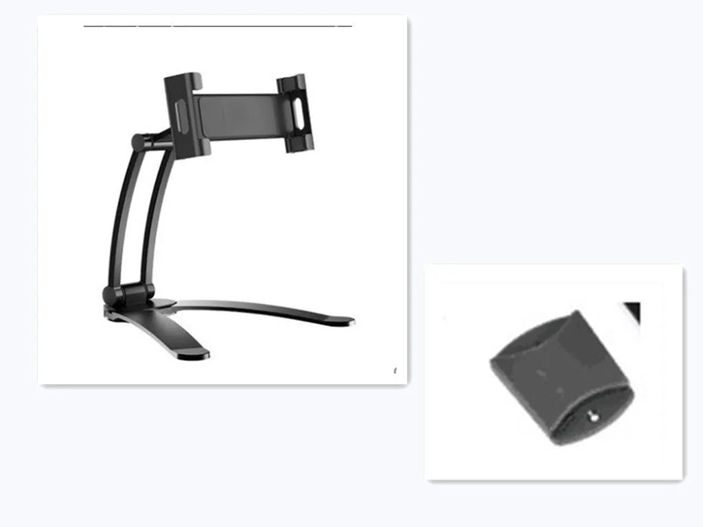 Silver aluminum alloy desktop tablet stand holding a tablet at adjustable angle with white mounting base