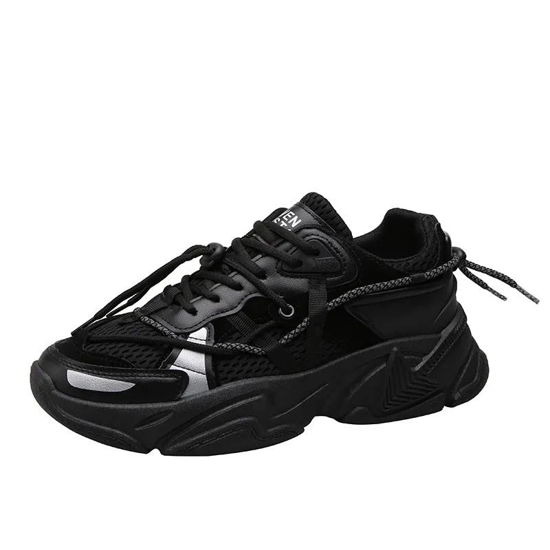 Men's white Korean style platform dad shoes with lace-up front on a neutral background.
