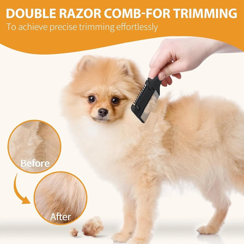 Dog cat razor comb grooming tool with comb teeth and razor blades for detangling and trimming pet hair