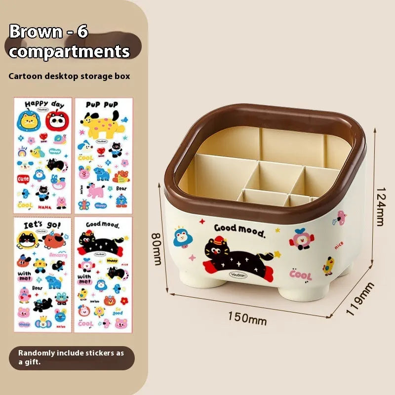 Red and brown cartoon-style plastic desktop storage organiser with grid compartments.