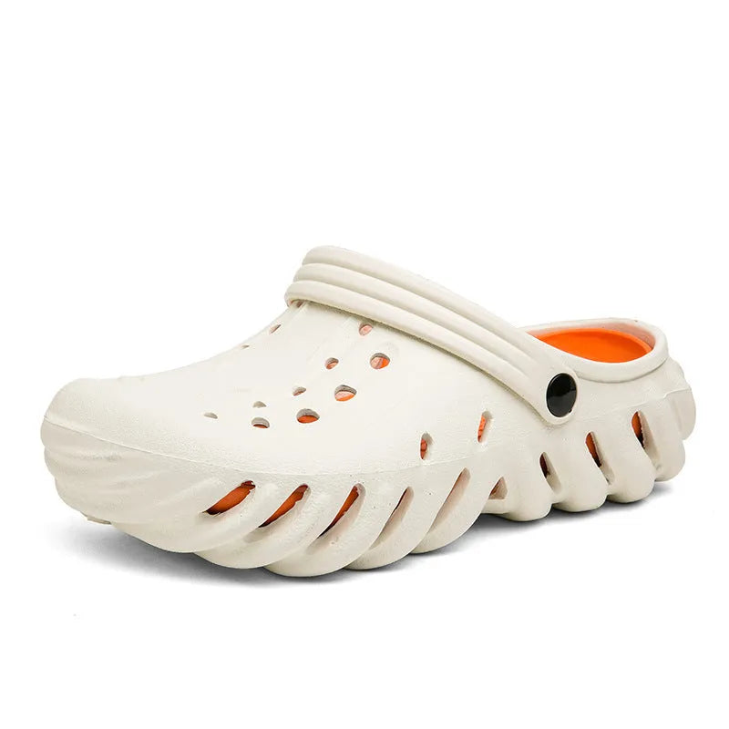 Men's beige EVA hole shoes sandals with hollow out design and round toe on a non-slip sole.
