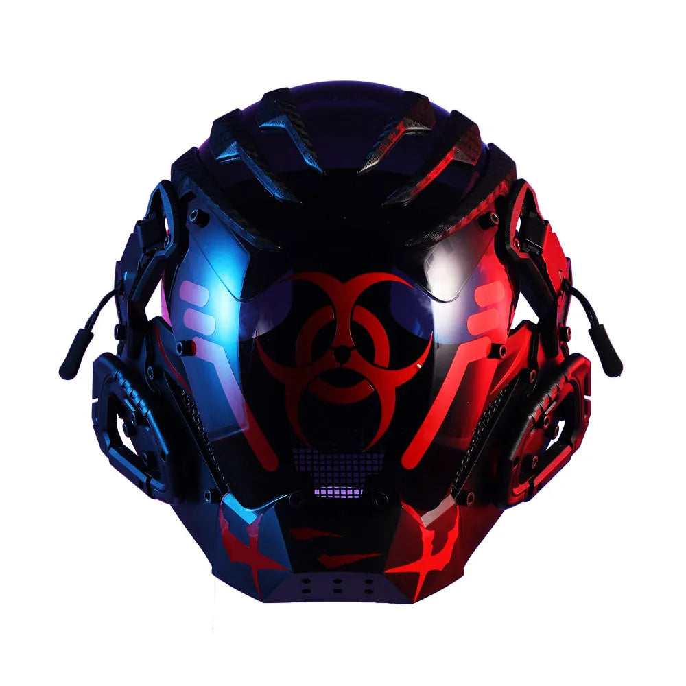Black full face prop mask with bioweapon tech design for costume events