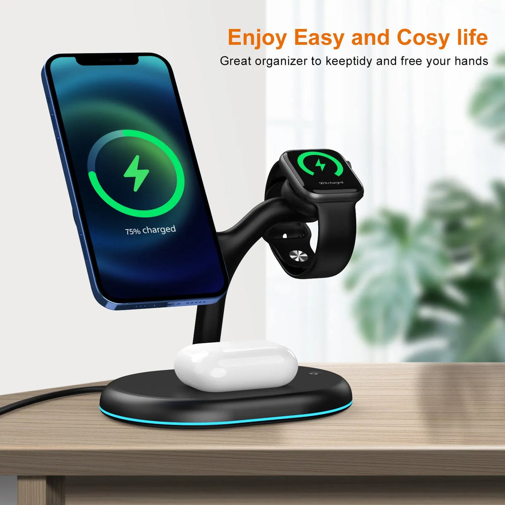 Black three-in-one magnetic wireless charger with ABS plastic construction on desk
