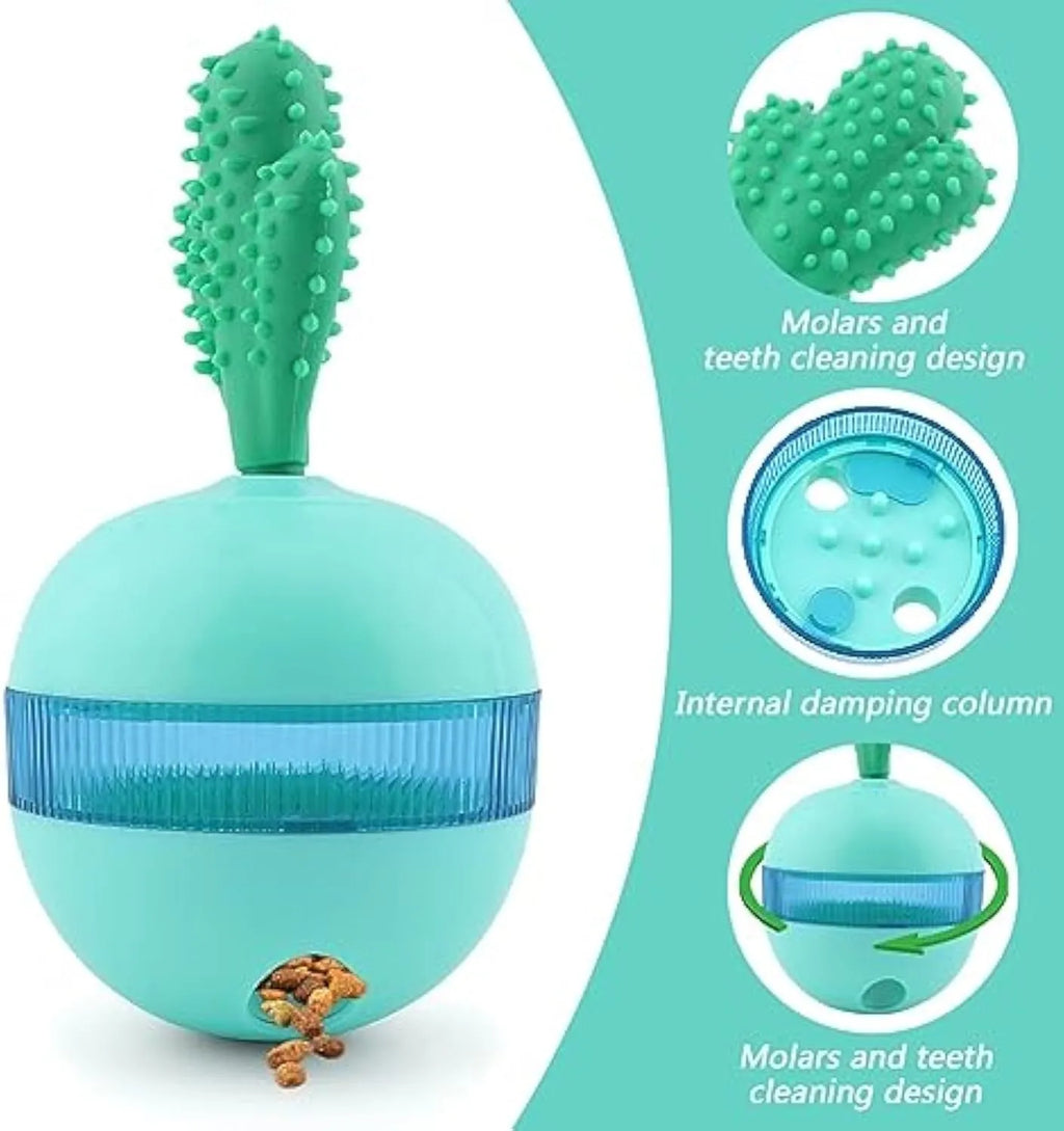 Blue durable rubber dog treat dispensing ball toy with small holes for medium large dogs