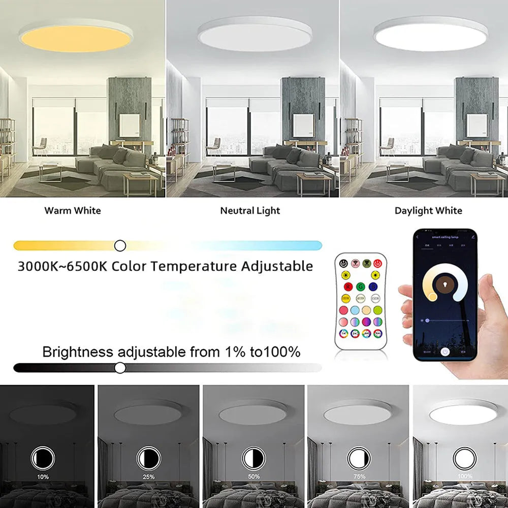 RGBCW intelligent Bluetooth ceiling lamp with full colour dimming and temperature control in black or white finish