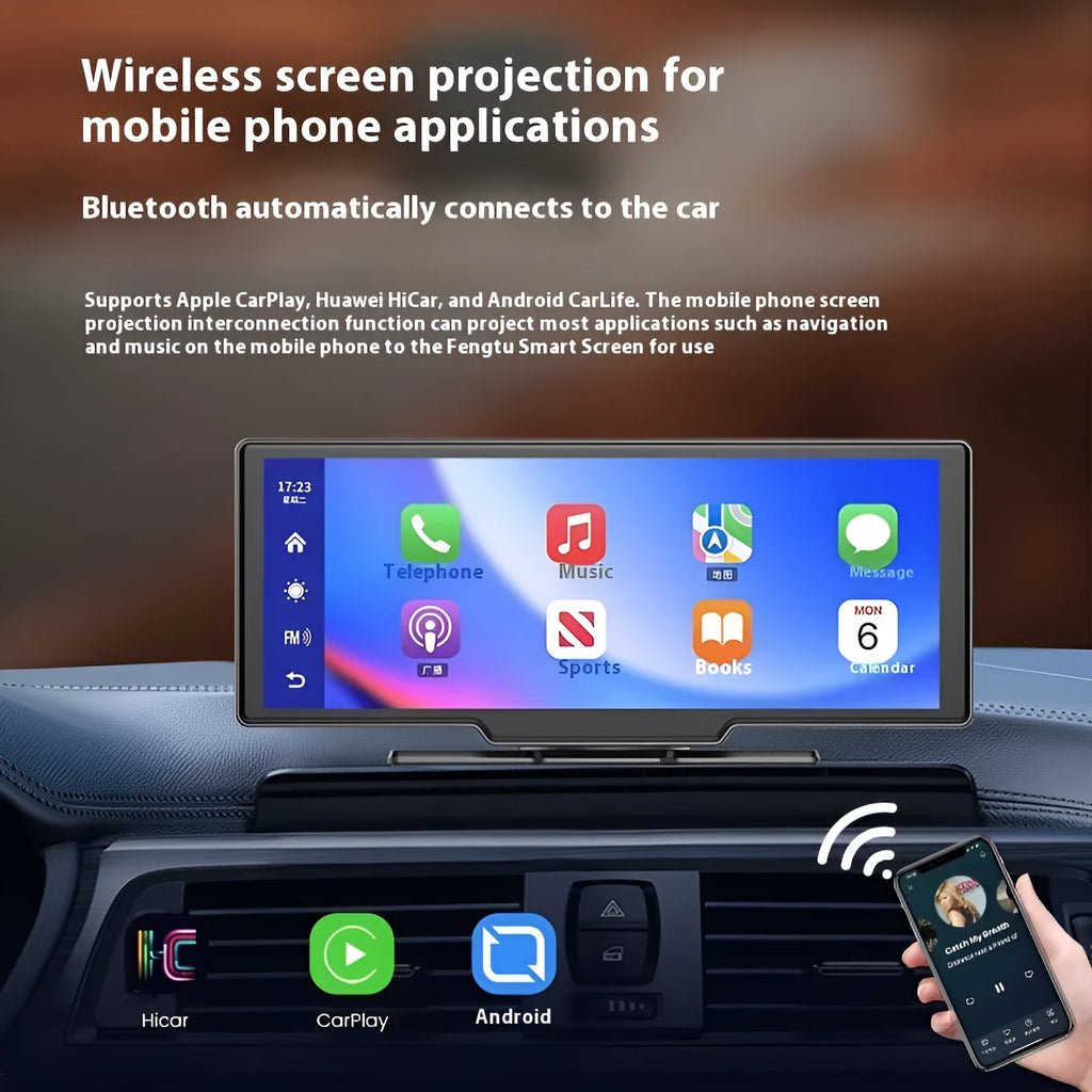 10 inch car smart touch screen display showing CarPlay interface and rear camera view