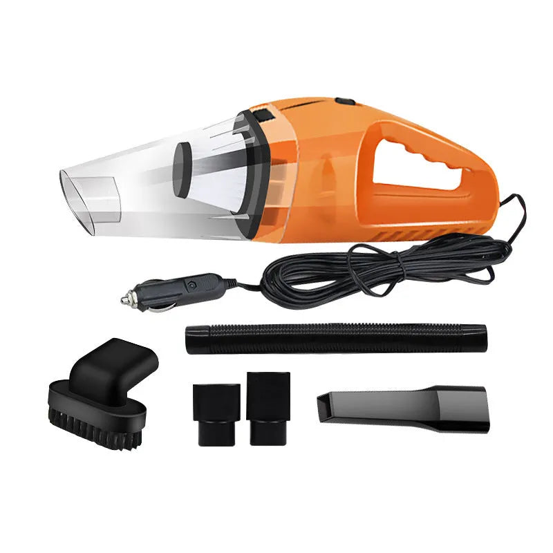 Portable 12V car vacuum cleaner in orange colour with nozzle attachments for automotive interior cleaning