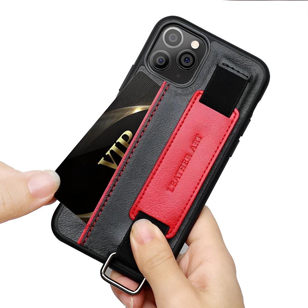 Brown imitation leather iPhone case with a wrist strap, showing decorative stripes and stitching.