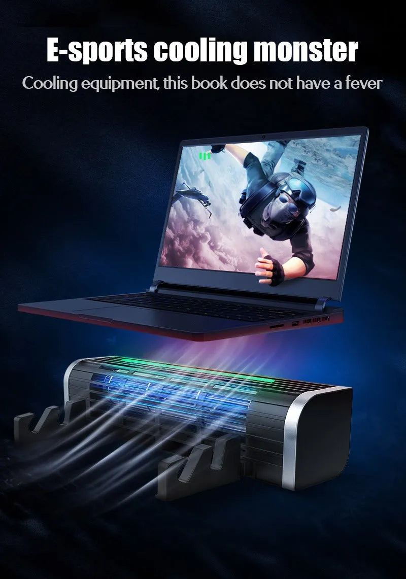 Black laptop cooling pad with dual large fans, showing USB cable and optional integrated support stand.