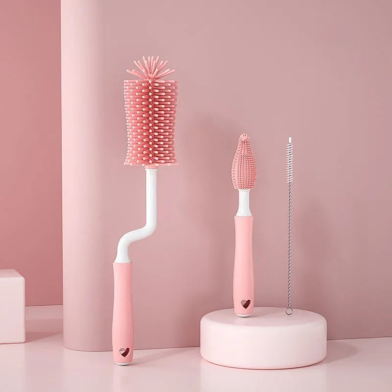 Silicone baby bottle cleaning brush set with long handle and small straw brush in assorted colours.