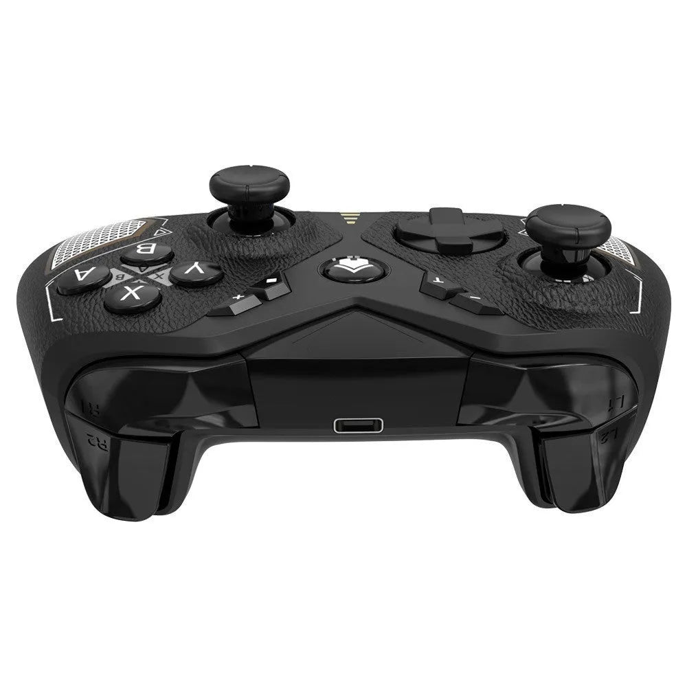 Black wireless Bluetooth gaming controller with leather-pattern texture on grips for Nintendo, PC and phone.