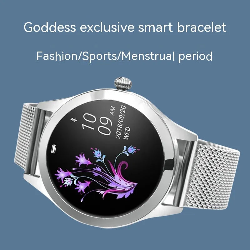 Women's sports smartwatch showing heart rate monitoring and waterproof features in black, silver, rose gold, and white colours