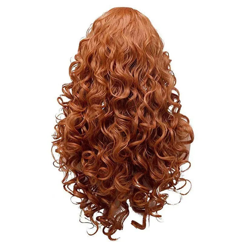 Brown long wavy curly cosplay wig on wig head cover