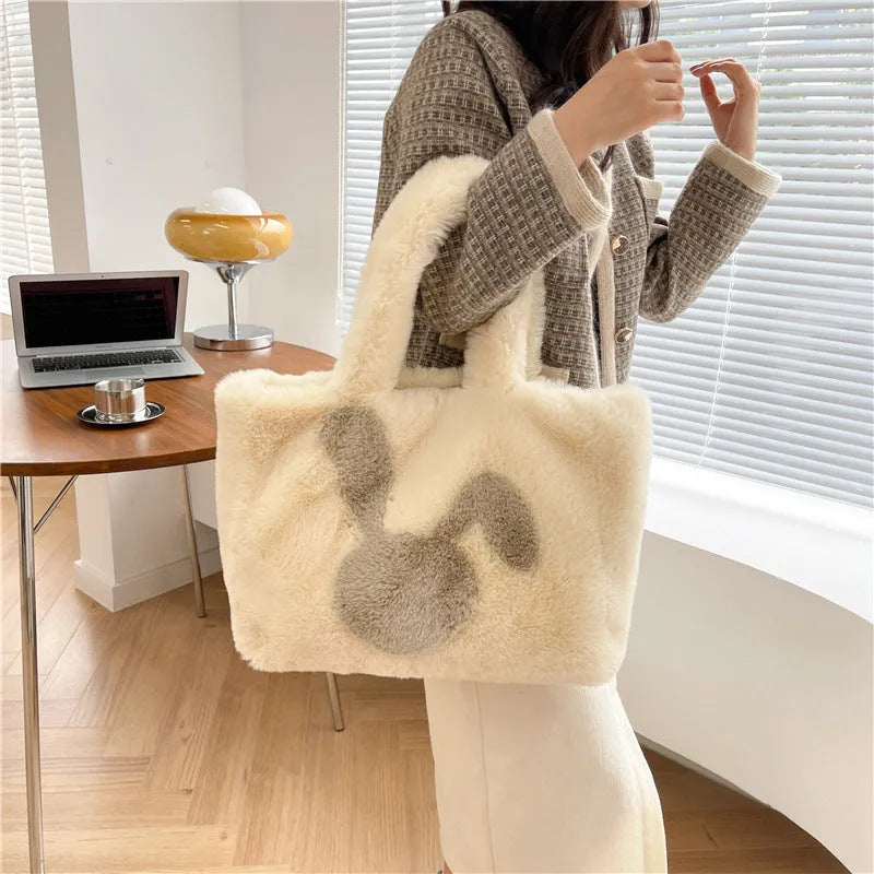 Women's plush tote bag with cartoon rabbit ears design in solid colour