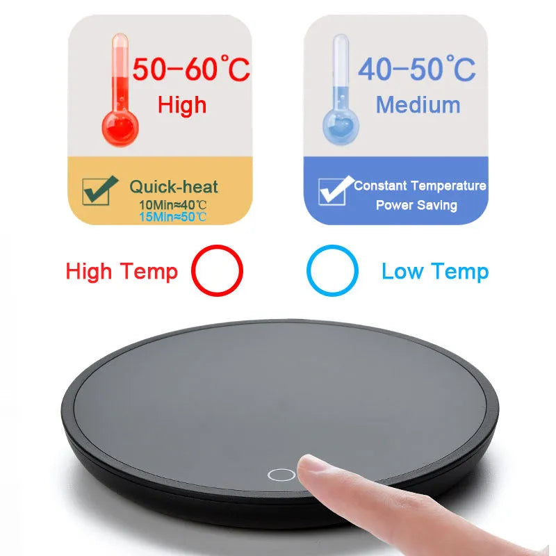 Black coffee cup warmer with 12 cm tempered glass heating surface and ABS plastic base