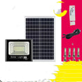 Black solar garden LED flood light with remote control showing multiple wattage options