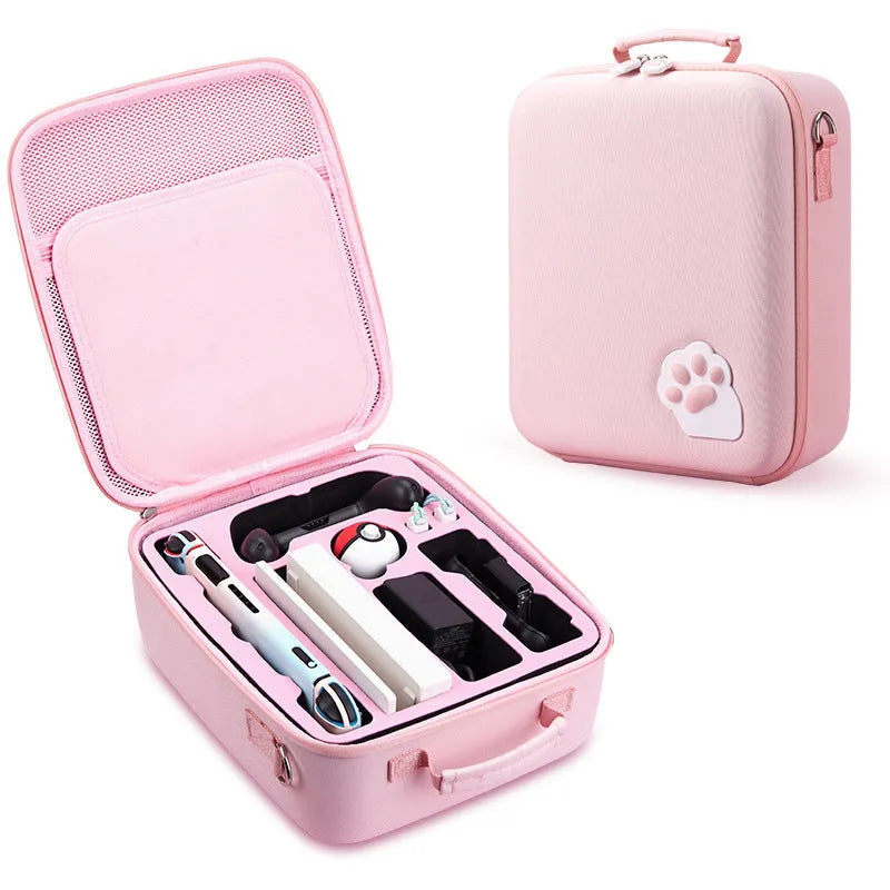 Nintendo Switch storage carry case in pink, shown with game card slots and a diagonal shoulder strap.