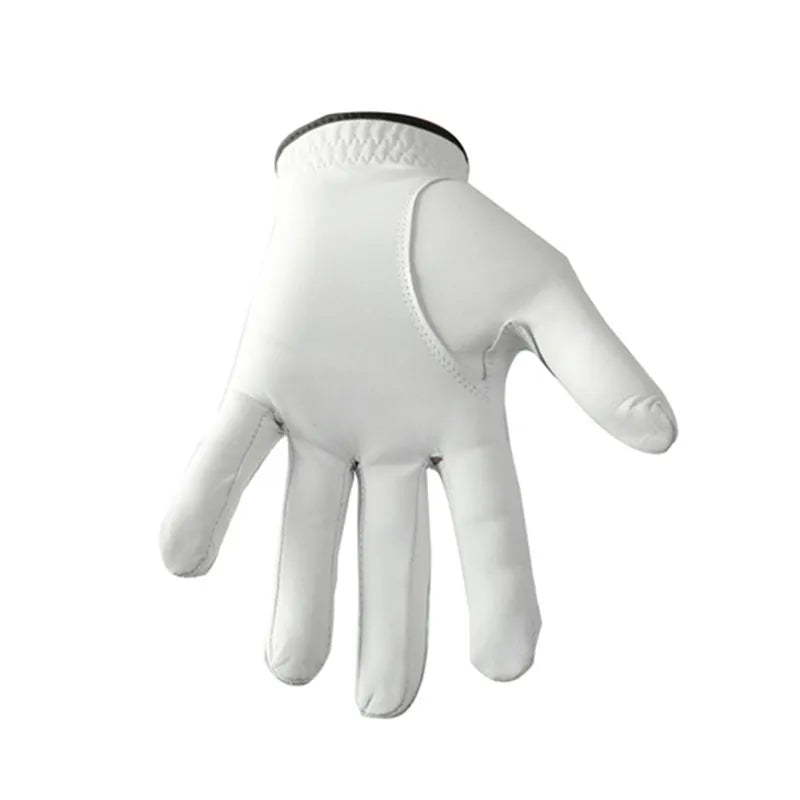 A white men's golf glove made from half sheepskin leather, showing a non-slip palm.