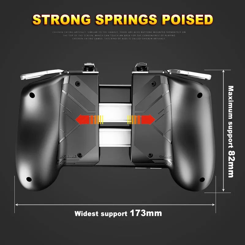 Black Bluetooth mobile game handle with telescopic arms extended, holding a smartphone