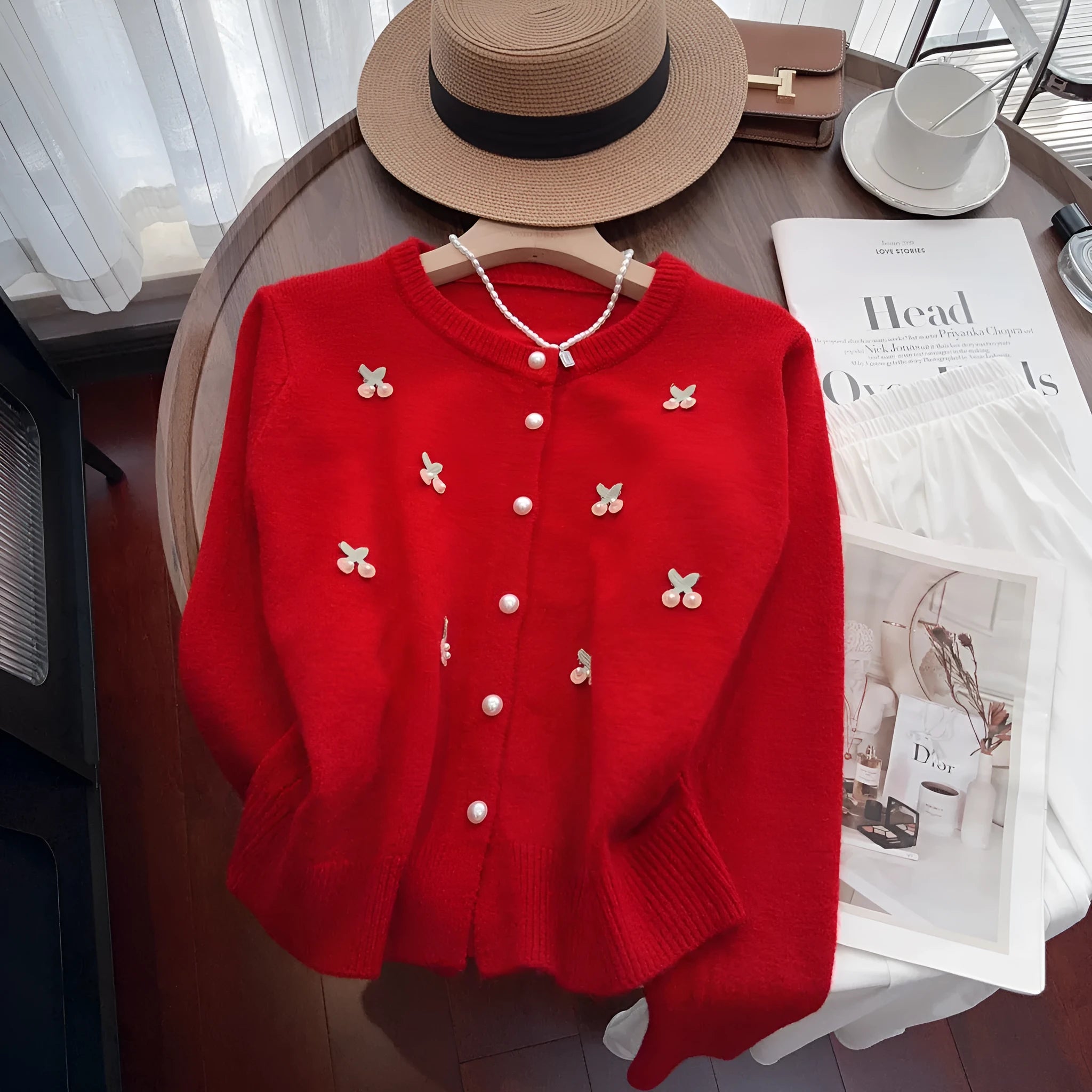 French sweet soft cardigan coat with bead embellishments in blue, pink, red or white colours
