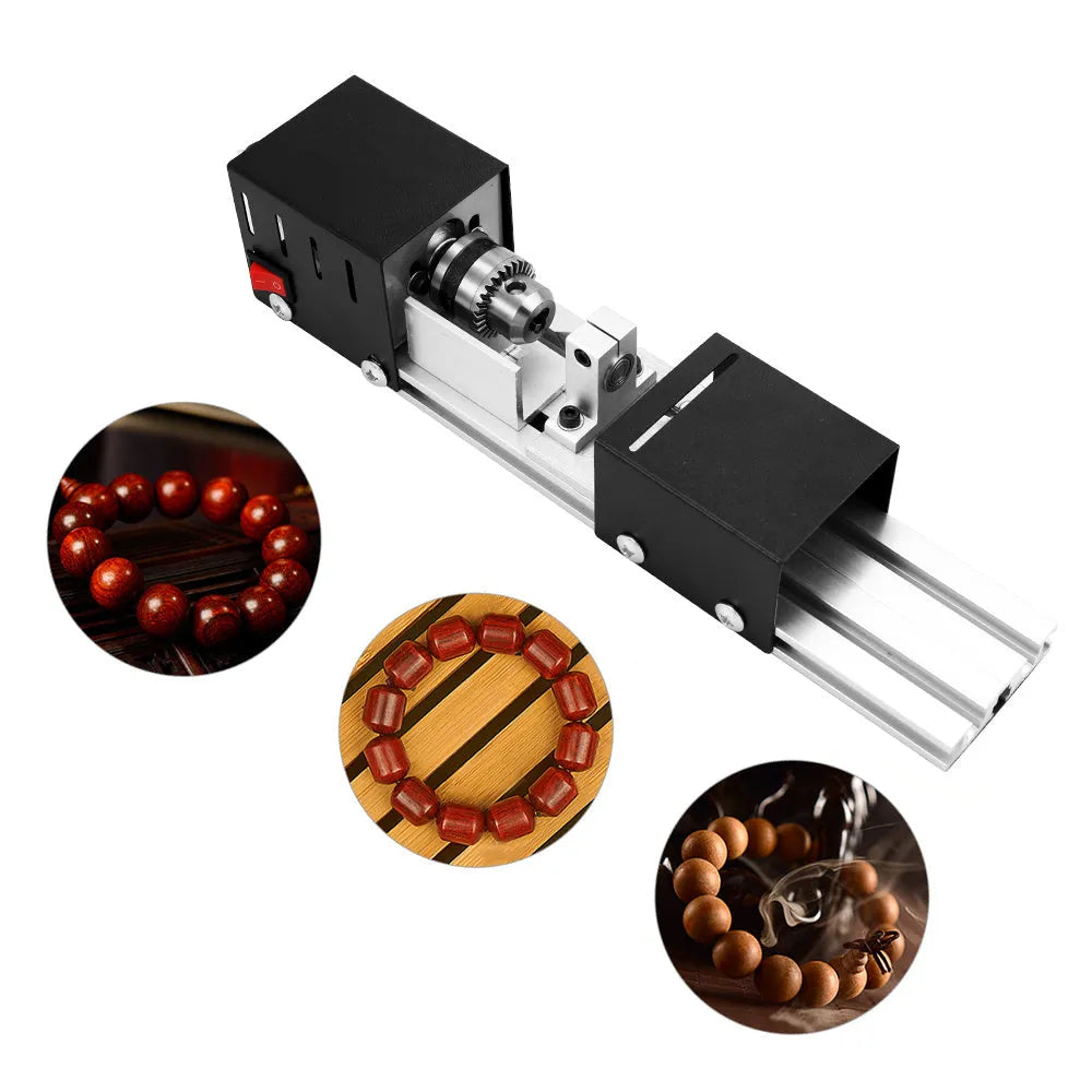 Metal mini woodworking lathe with carving knives and tools for small woodturning projects