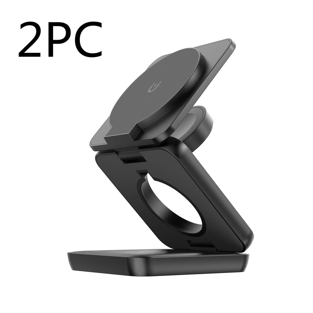 Foldable magnetic wireless phone charger stand in black showing adjustable angles