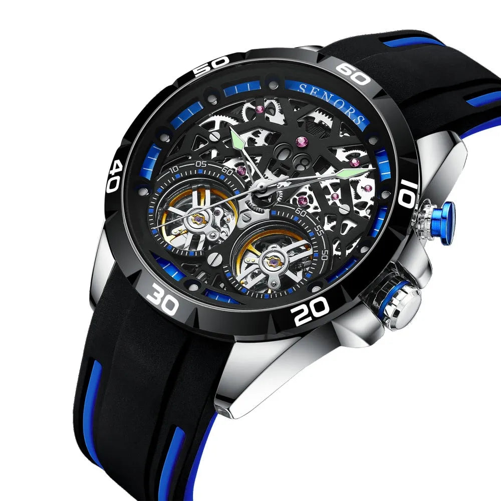 Men's automatic mechanical watch with luminous hands and hollow dial design in blue colour