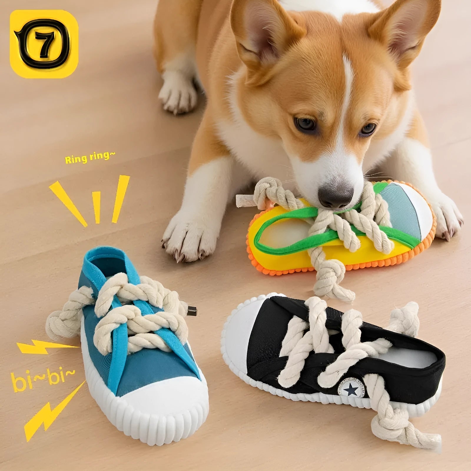 A bendable plastic dog slippers squeaker toy in yellow, black, or blue for chewing and play.