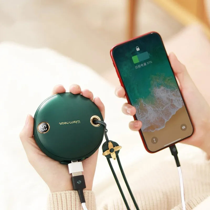 Green, pink or white portable power bank with digital display and integrated hand warmer function