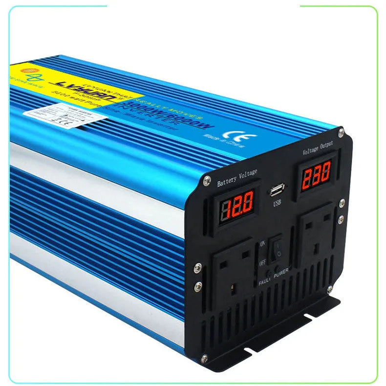 Blue 3000W pure sine wave car power inverter with digital display and UK socket.