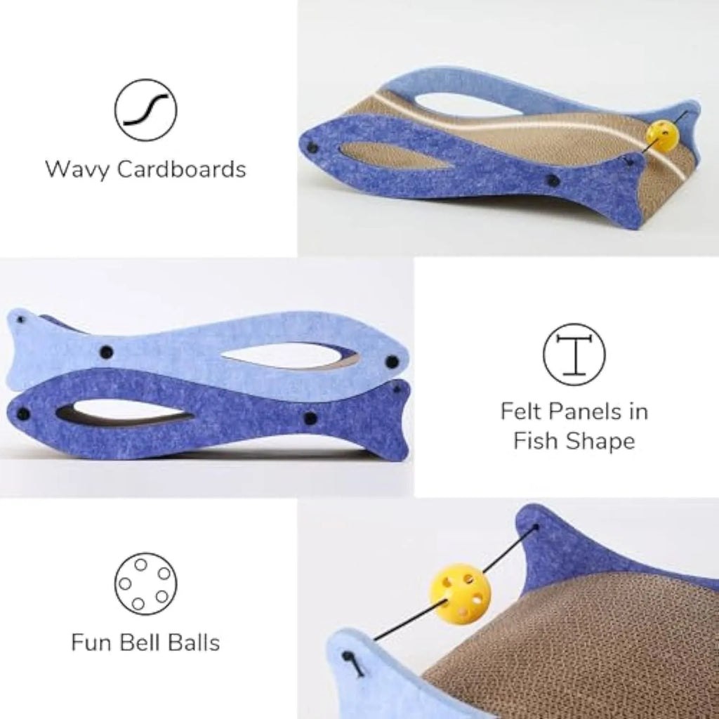 Blue fish-shaped cardboard cat scratcher lounge with an integrated bell ball toy on a string.