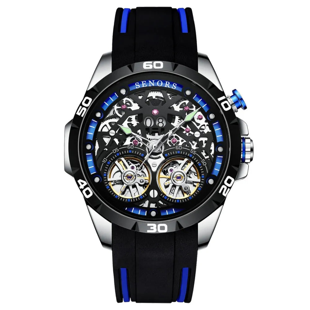 Men's automatic mechanical watch with luminous hands and hollow dial design in blue colour