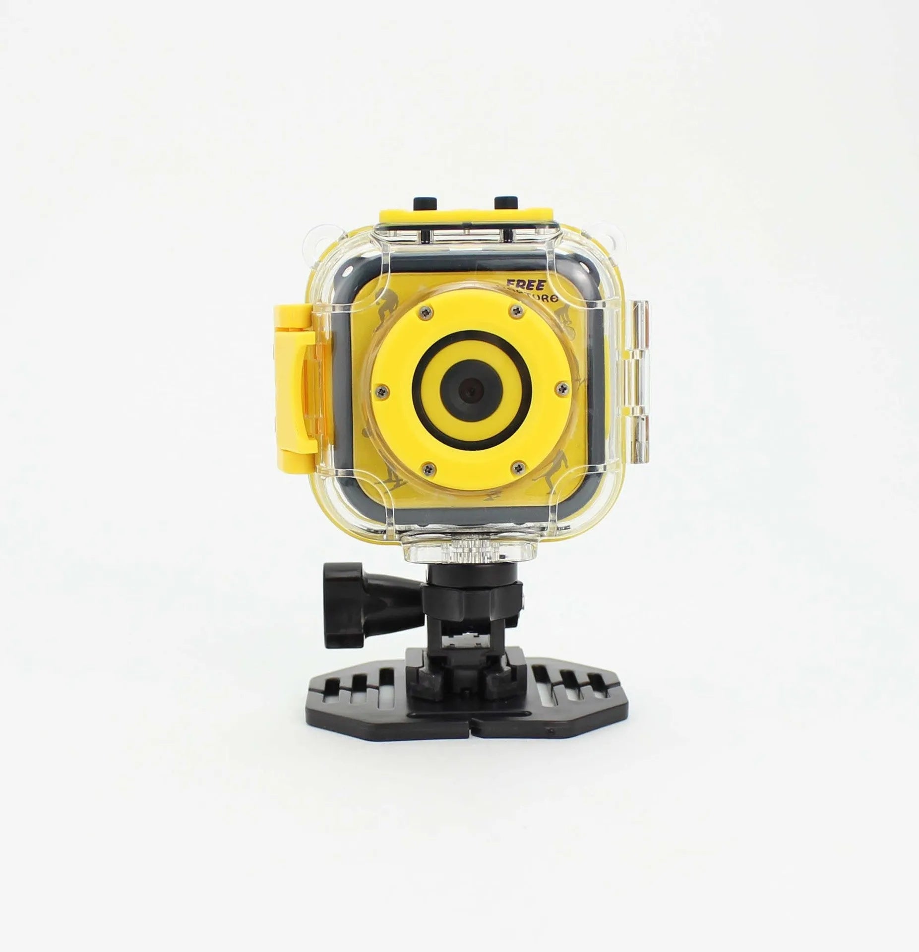 Yellow children's waterproof sports camera with 1.77-inch screen showing outdoor scene