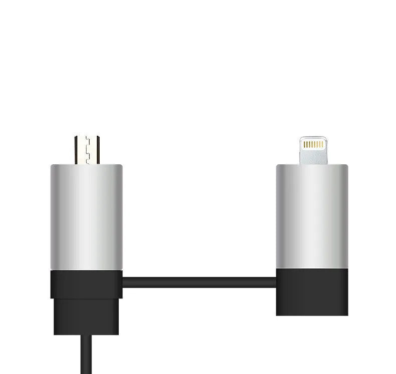 Black and gold dual USB car charger with retractable cable shown plugged into vehicle power socket