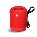 Small waterproof portable Bluetooth speaker in multiple colours with a carry strap.