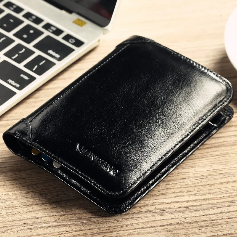 Men's leather wallet open showing photo slot, card holders, banknote section and change compartment