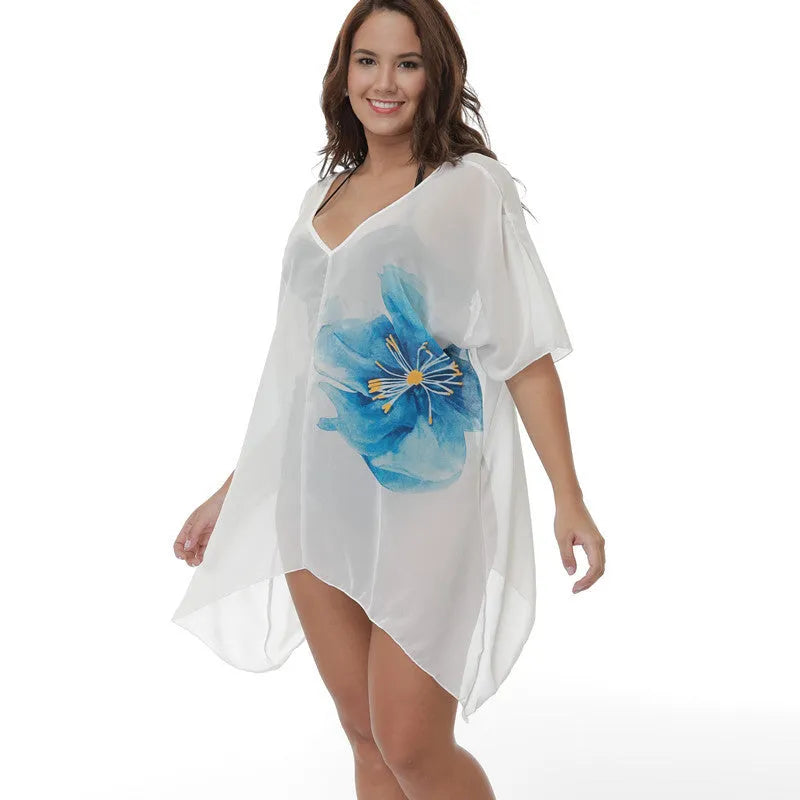 White plus size beach cover-up blouse with loose fit for swim protection